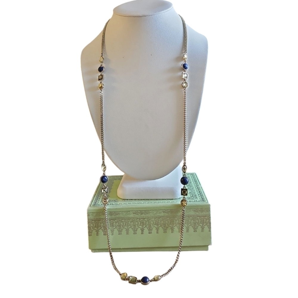 DKNY Elegant Silver and Blue Lapis Long Necklace with pave crystals